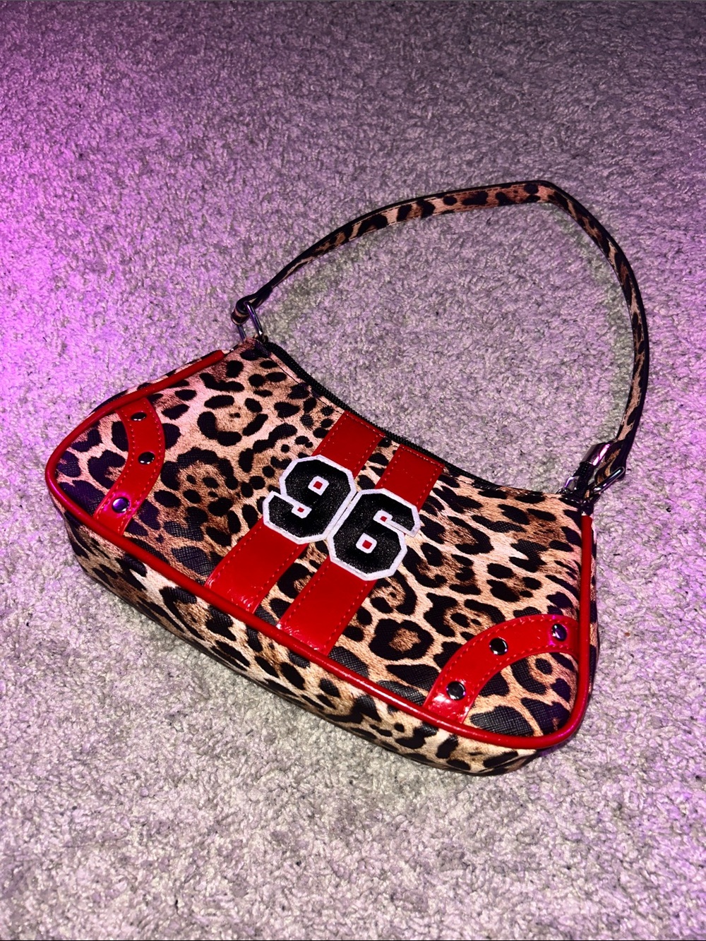 Leopard Print Shoulder Bag with Red Accents and '96' Patch
